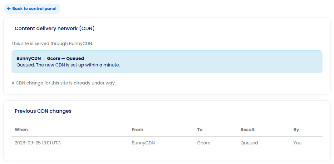 The CDN tab showing the switch to the new CDN queued