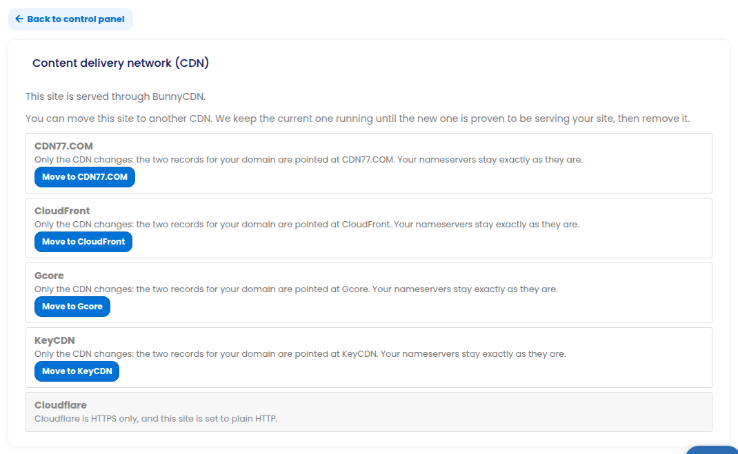 The CDN tab listing the other CDNs the site can move to, each with a Move to button