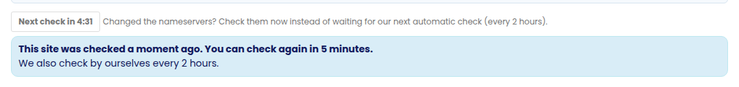 The message saying the site was checked a moment ago and when to check again