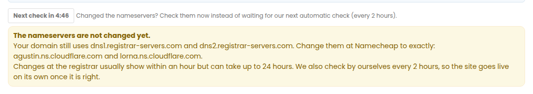 The result saying the nameservers are not changed yet, with the ones to set