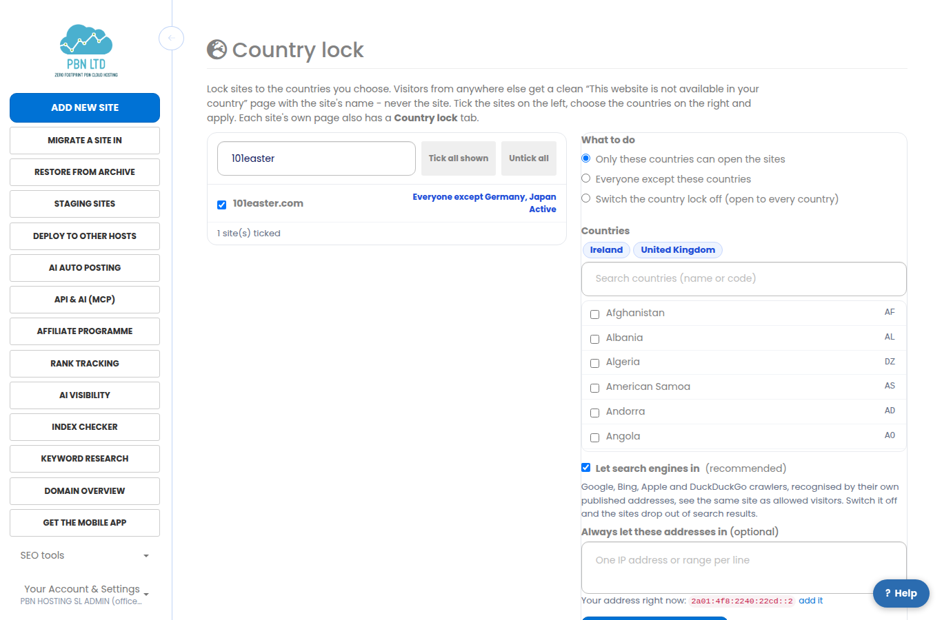The Country lock page for many sites: the site list with each site’s current lock, and the countries to apply