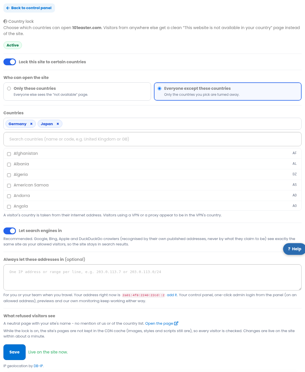 The Country lock tab of a site: the switch, only-these or everyone-except, the country search and the chosen countries, search engines and always-allowed addresses