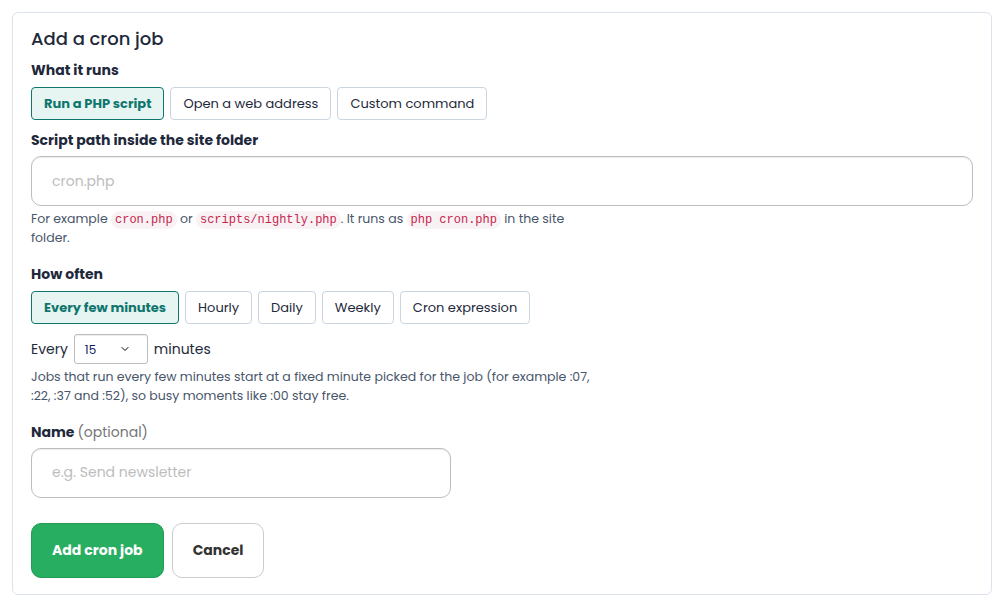 The Add a cron job form: what it runs and how often