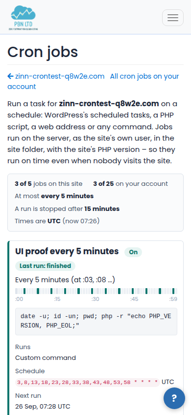 The Cron jobs page on a phone