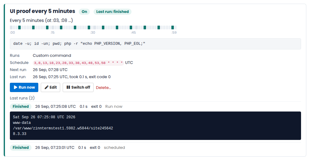 A cron job card with its schedule, Run now, and the output of its last run