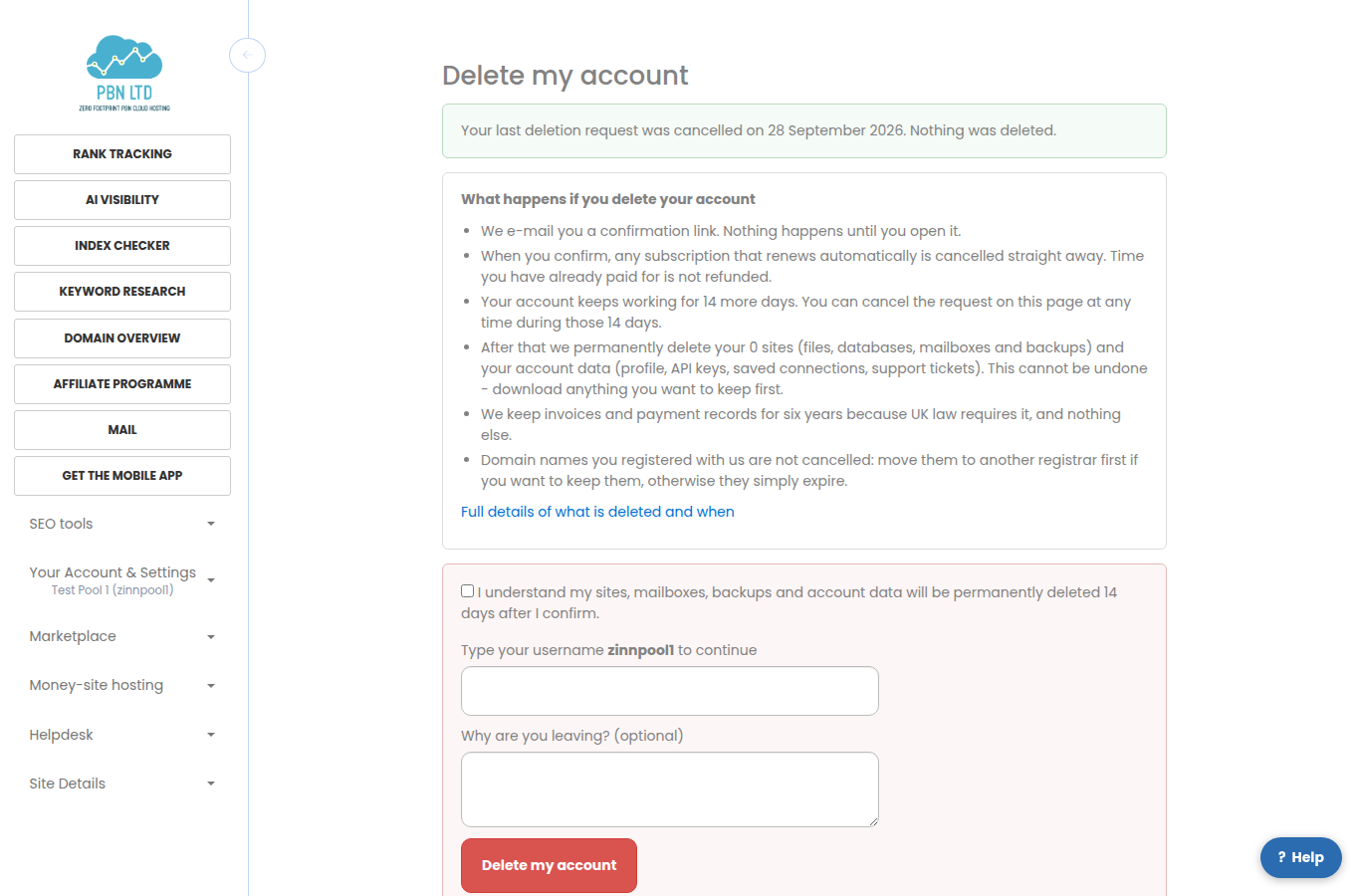 The Delete my account page: what happens, the tick box, the username box and the Delete my account button