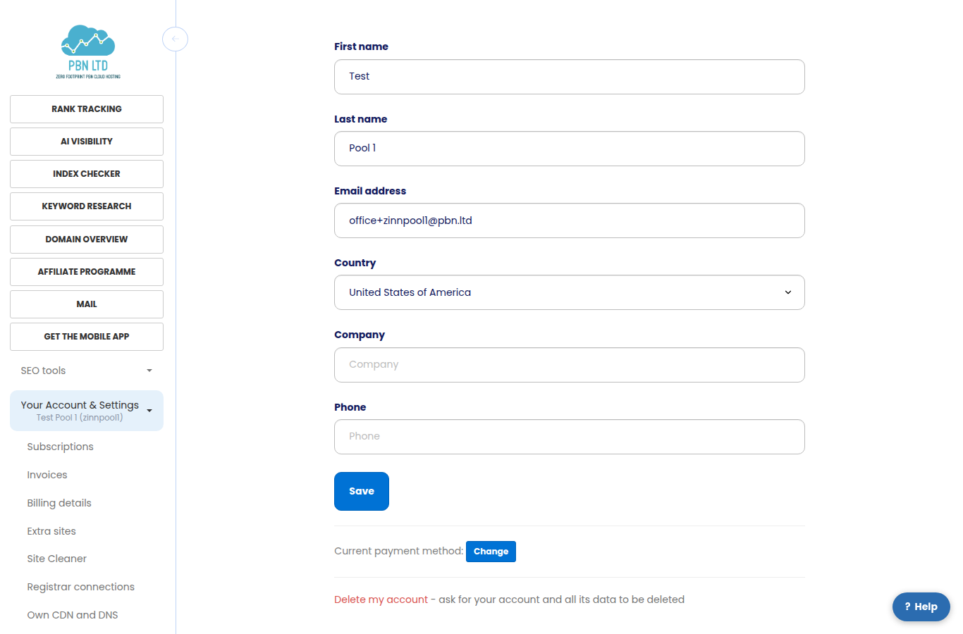 The Edit profile page with the Delete my account link at the bottom