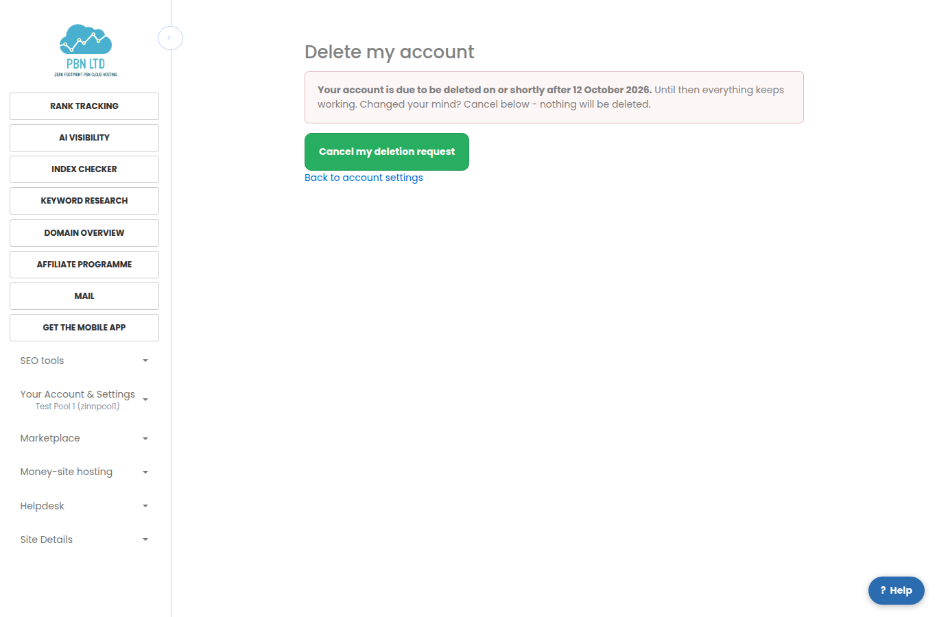 The Delete my account page during the 14 days: the deletion date and the Cancel my deletion request button