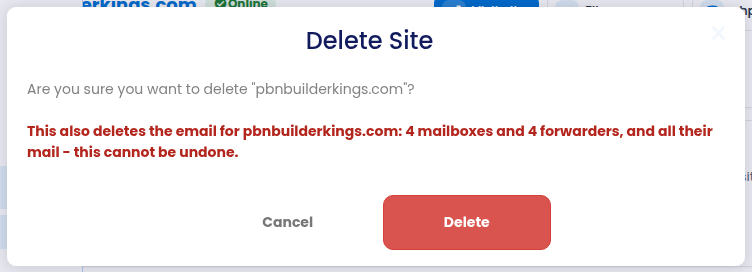 The Delete site dialog warning that the email is deleted too