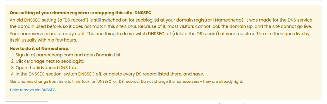 The yellow notice on a site page about an old DNSSEC setting, with the steps