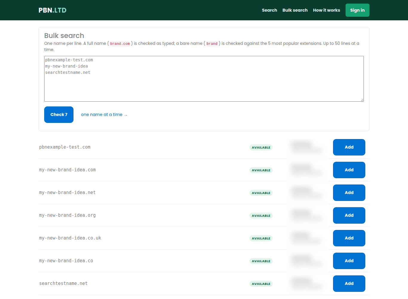 Bulk domain search results, each name with Available and an Add button