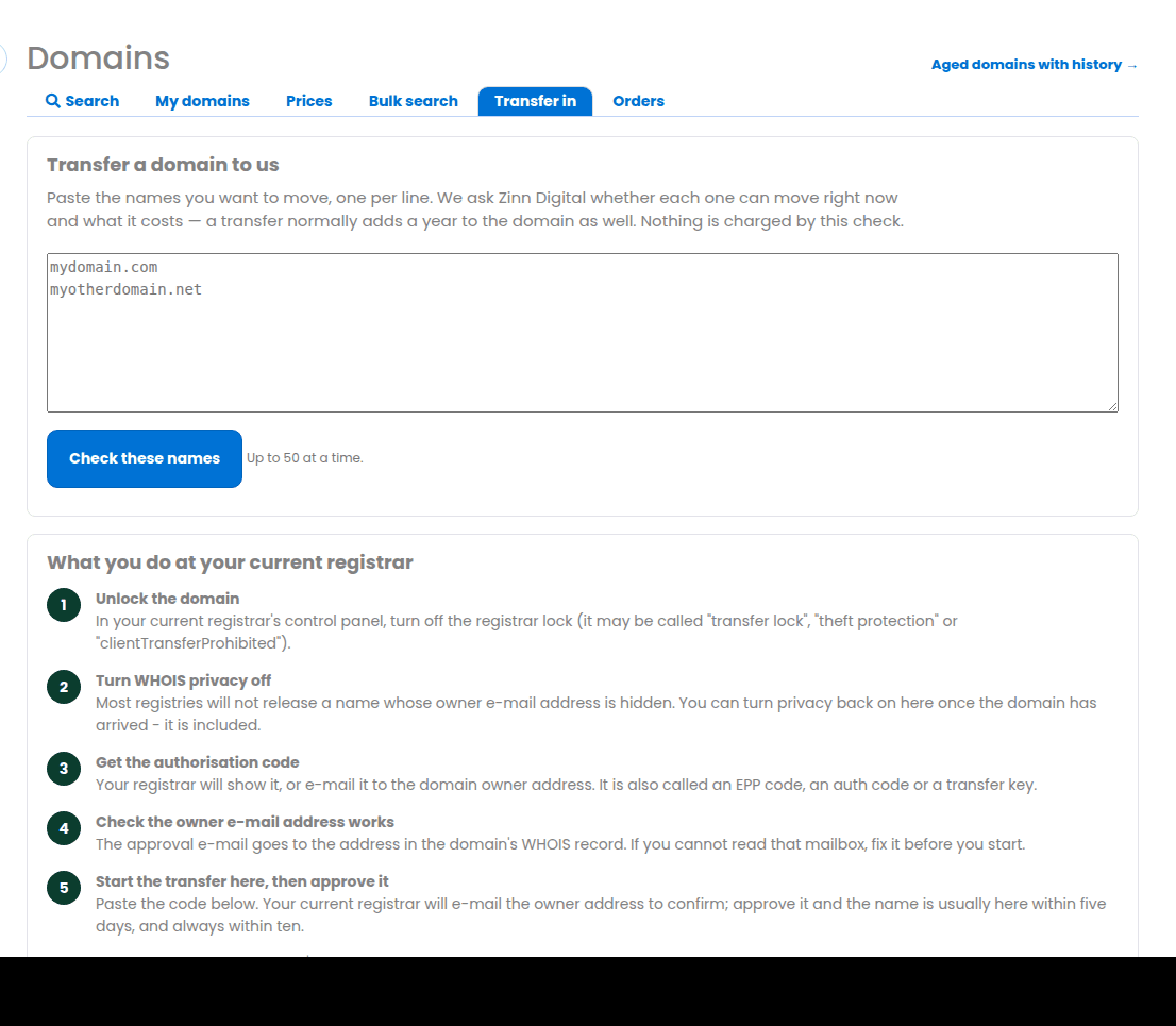 The Transfer in page with the steps at your current registrar