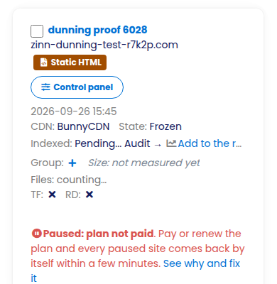 The Sites list showing a site paused because the plan is not paid