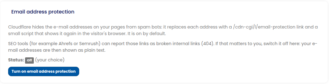 Email address protection switched off for a site