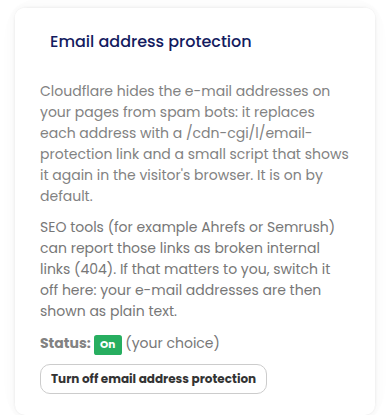 The Email address protection panel on a phone