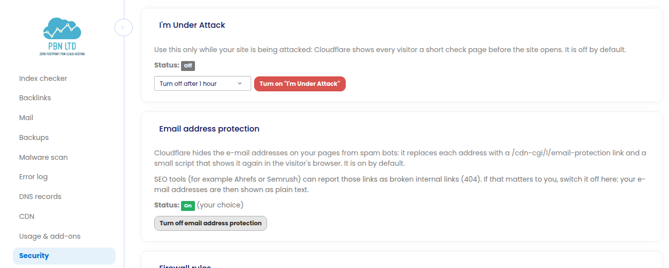 The Email address protection panel in a site's Security tab