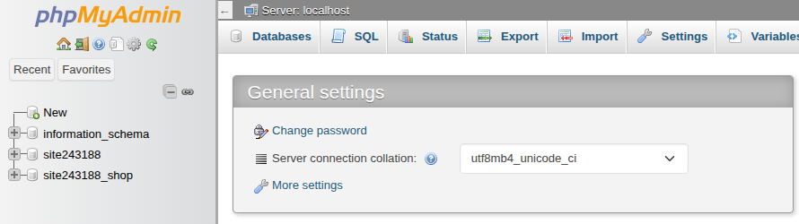 phpMyAdmin showing the site database and an extra database