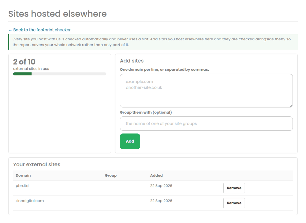 The sites-hosted-elsewhere page with the slot meter