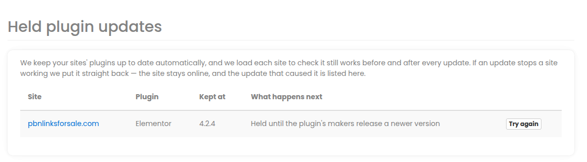 The Held plugin updates page listing every site on the account that has an update being held back