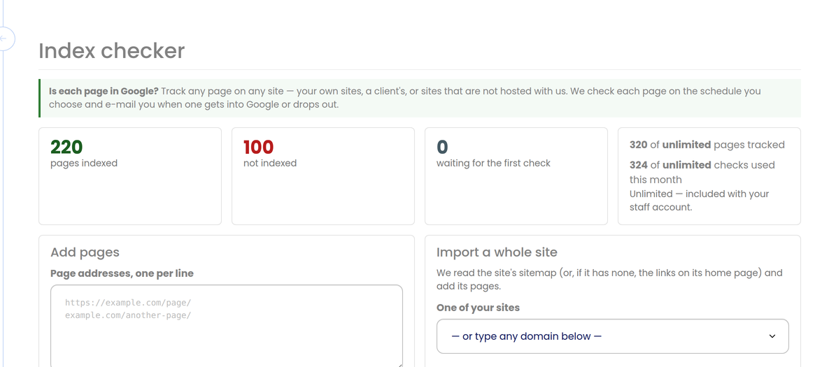 The index checker dashboard: pages indexed, not indexed, waiting for the first check, pages tracked and checks used this month