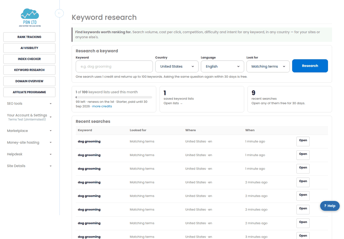 The keyword research page with the search box