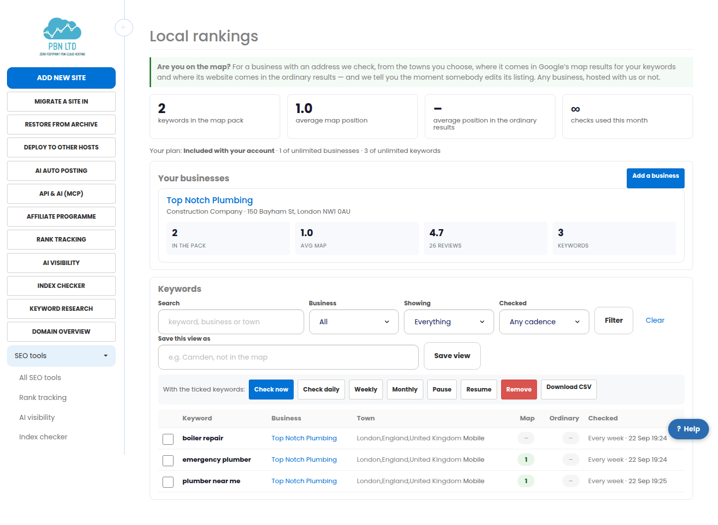 The local rankings dashboard: map-pack count, average position, the allowance meter, the businesses and the keyword table