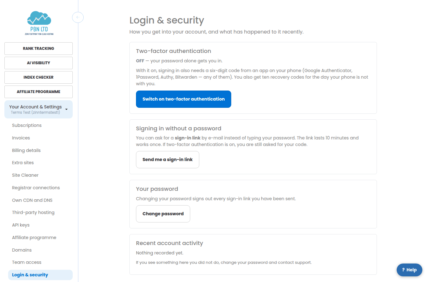 The Login and security page with the two-factor switch
