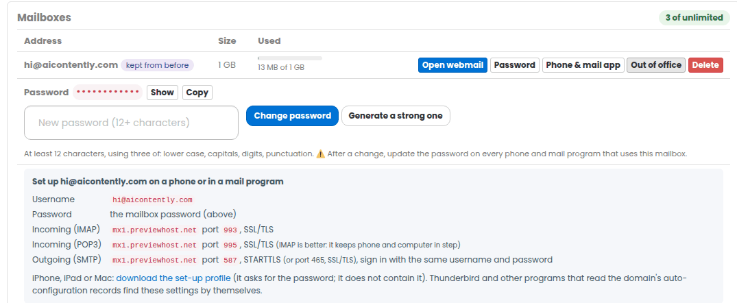 The Mail tab with mailboxes, a password and the phone and mail app settings