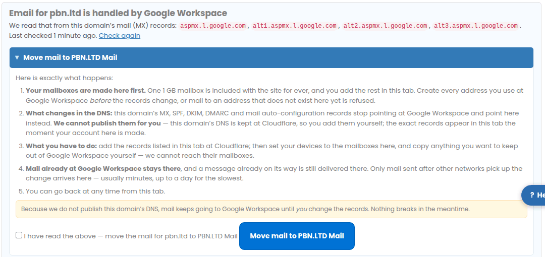 The Mail tab for a domain whose mail is at Google Workspace, with Move mail and Change provider