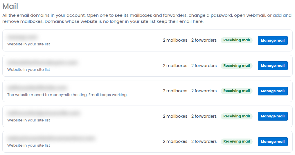 The Mail page listing every email domain in the account
