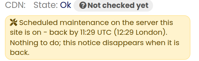The scheduled maintenance notice on a site card in the sites list