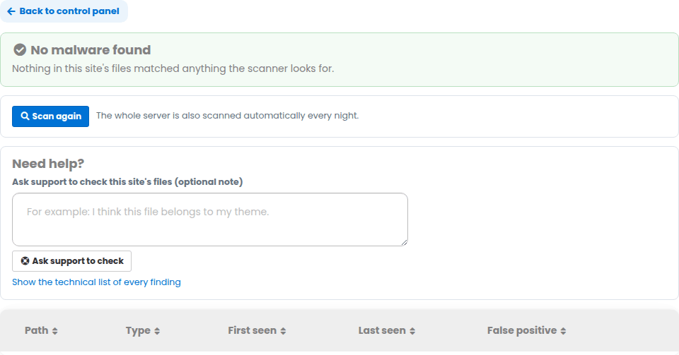 The Malware scan tab of a site with no malware found