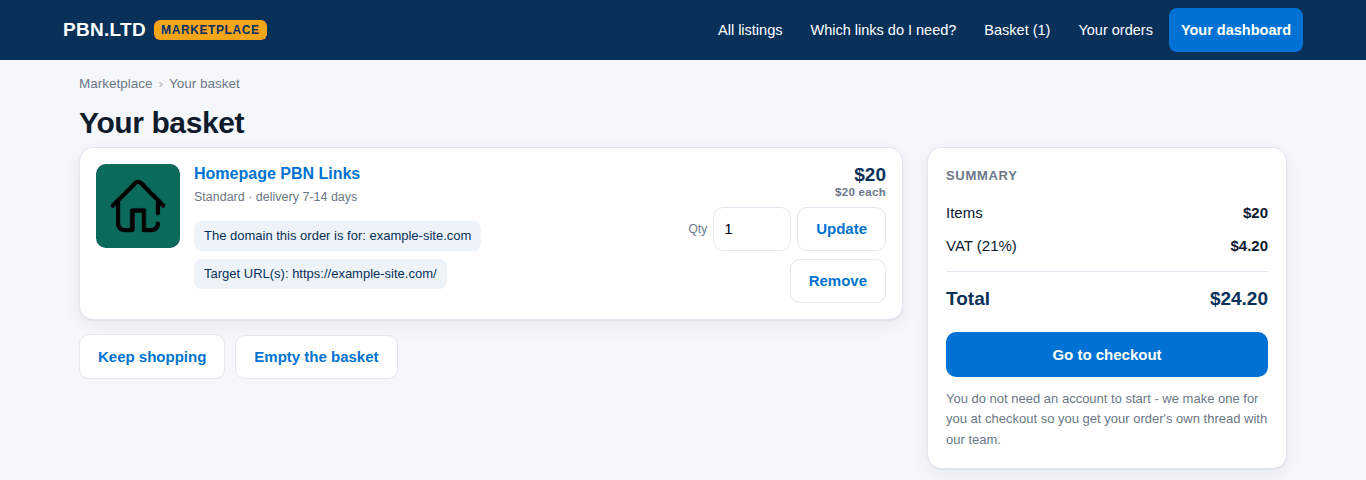 The marketplace basket with one item and the summary