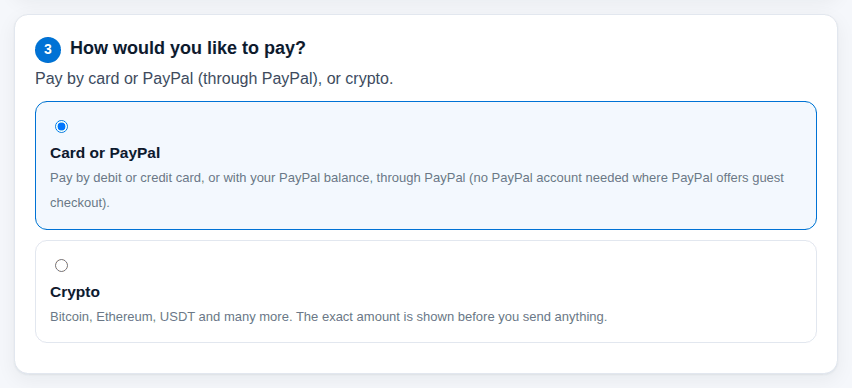 Checkout: pay by card or PayPal, or crypto