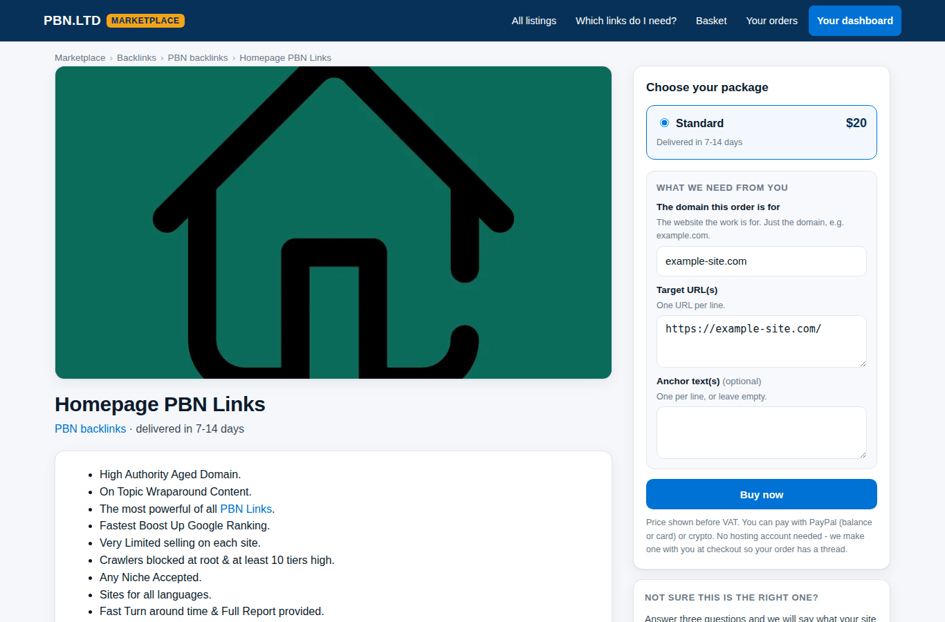 A marketplace listing with its package and the order form