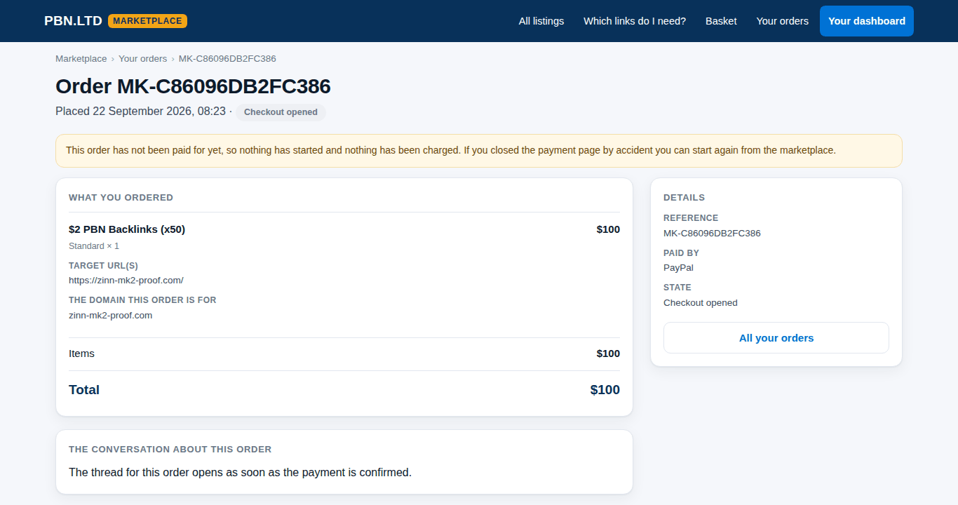 A marketplace order page with the order summary and details