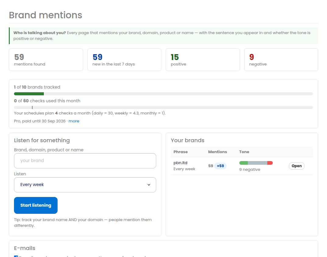 The brand mentions dashboard with the counters, the tracked brands and the mention list