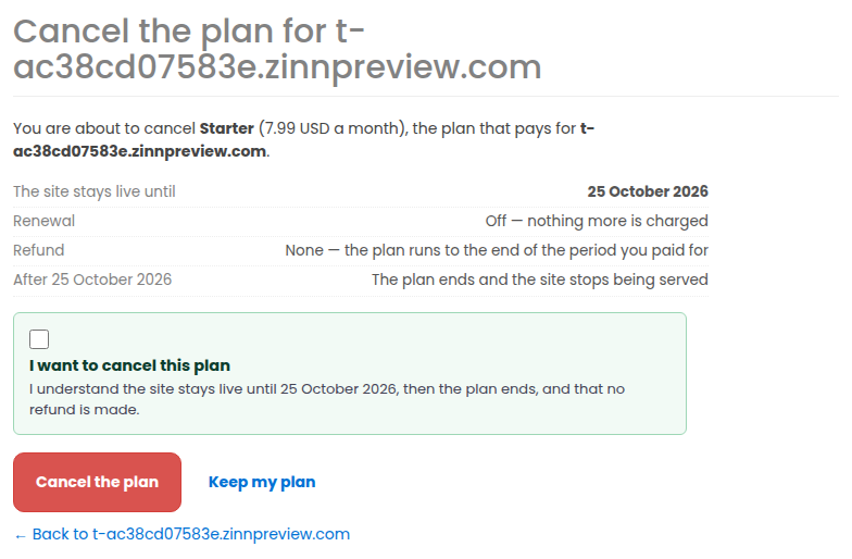 The page that confirms cancelling a money-site plan