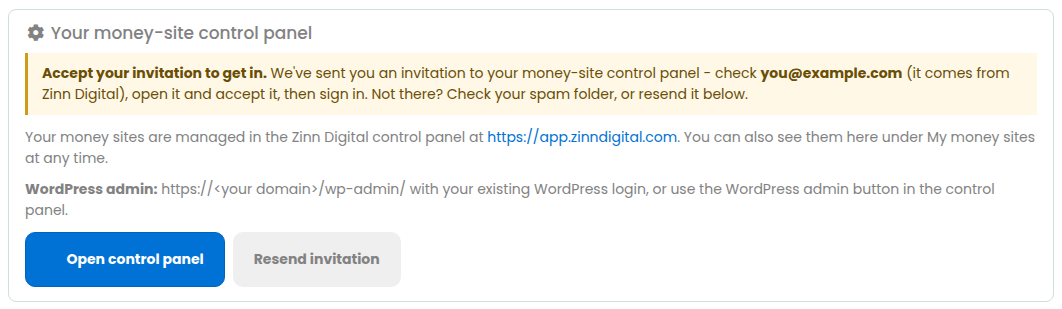 The Your money-site control panel box on My money sites