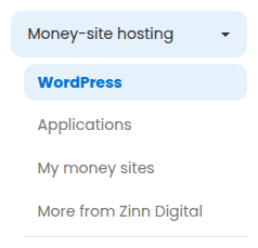 The Money-site hosting menu with its four pages