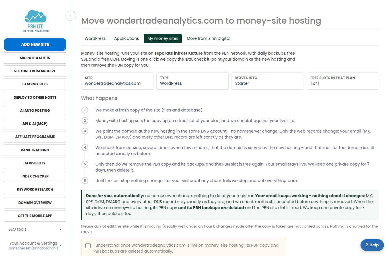 The confirm screen of a move to money-site hosting