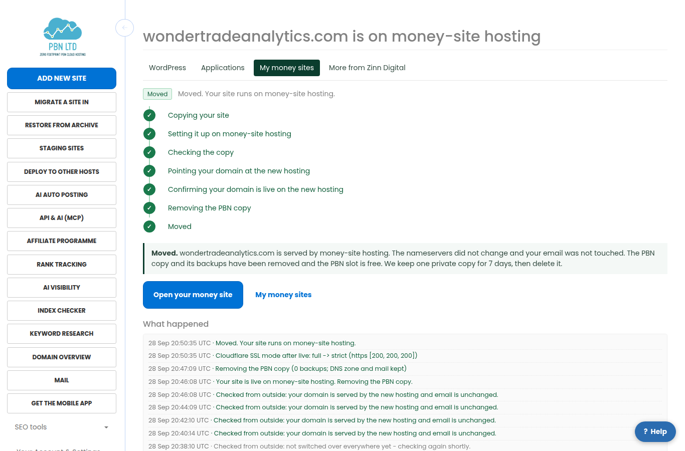 The progress page of a move to money-site hosting