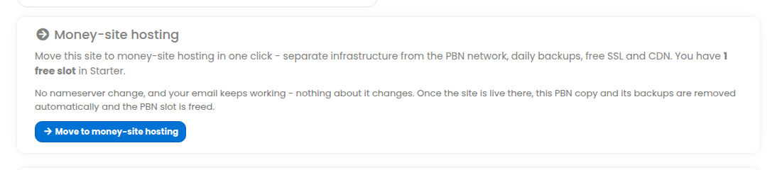The Money-site hosting card on a PBN site page with the Move button