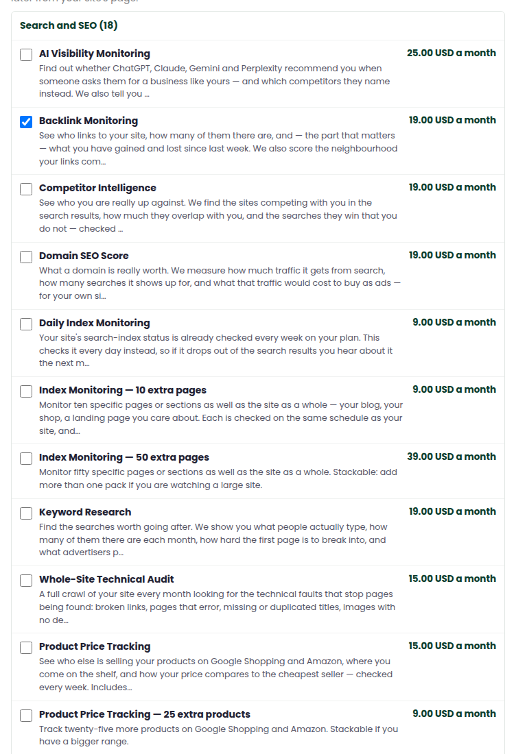 The Add-ons section on the money-site order form