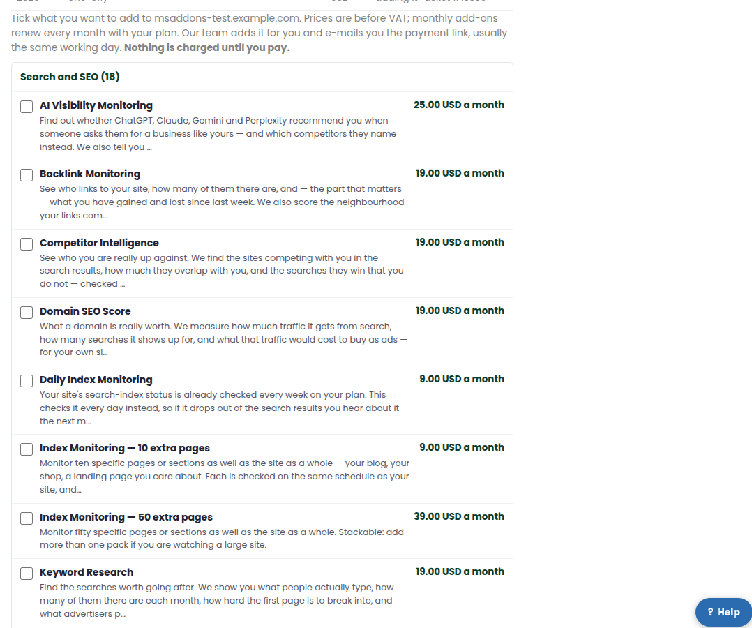 The Add-ons section on a money site's page