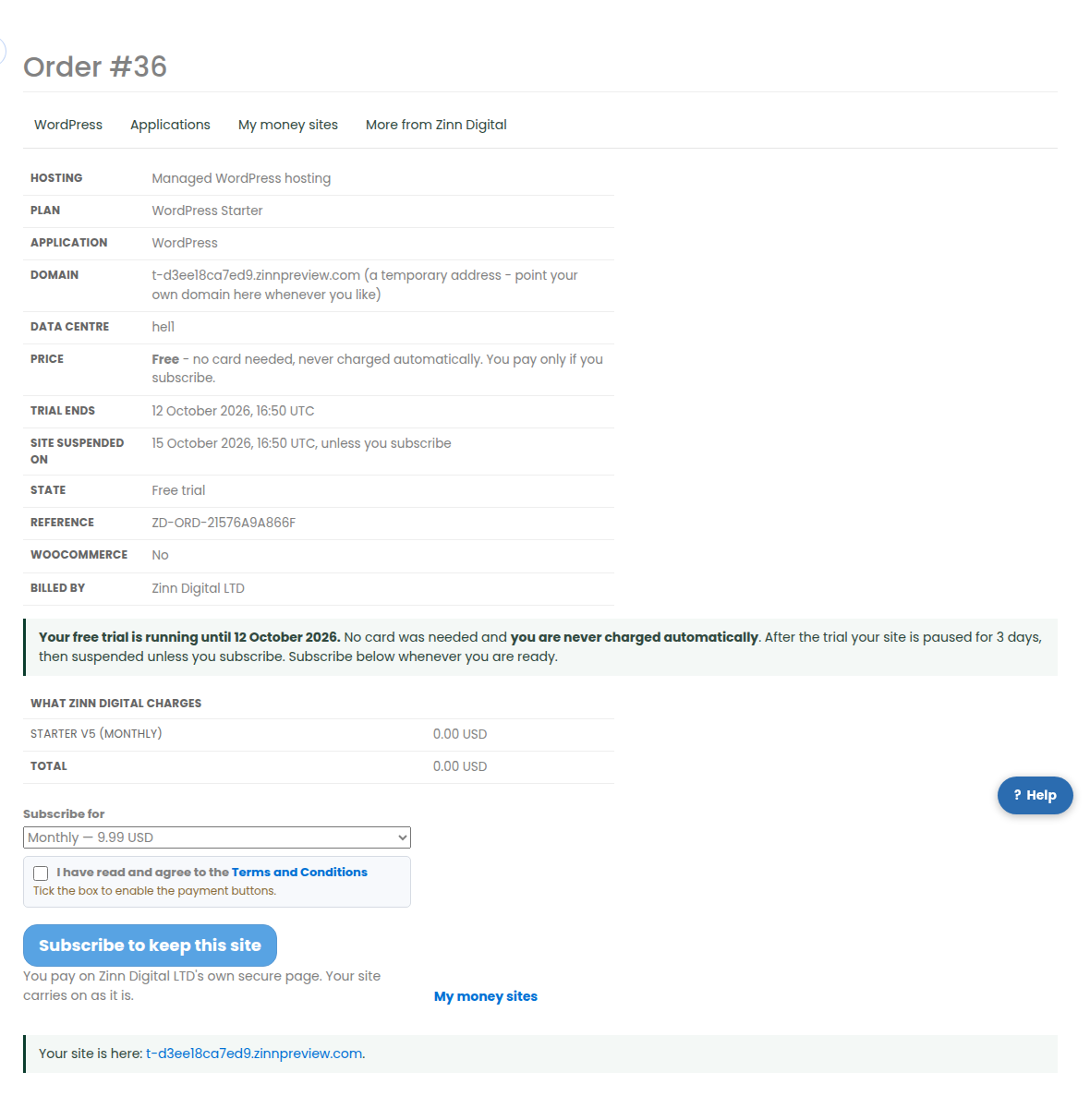 A money-site order on a free trial