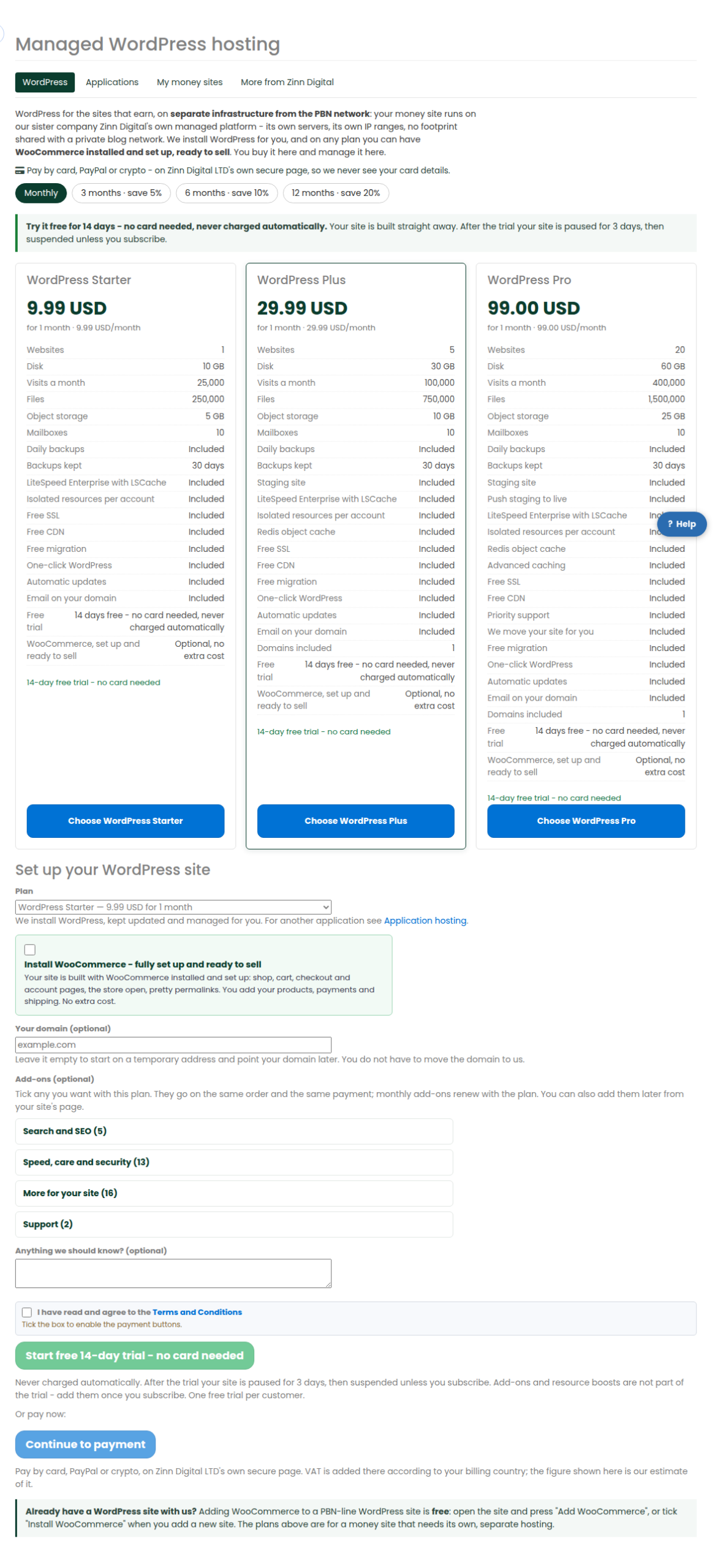 The plans page with the free trial offered