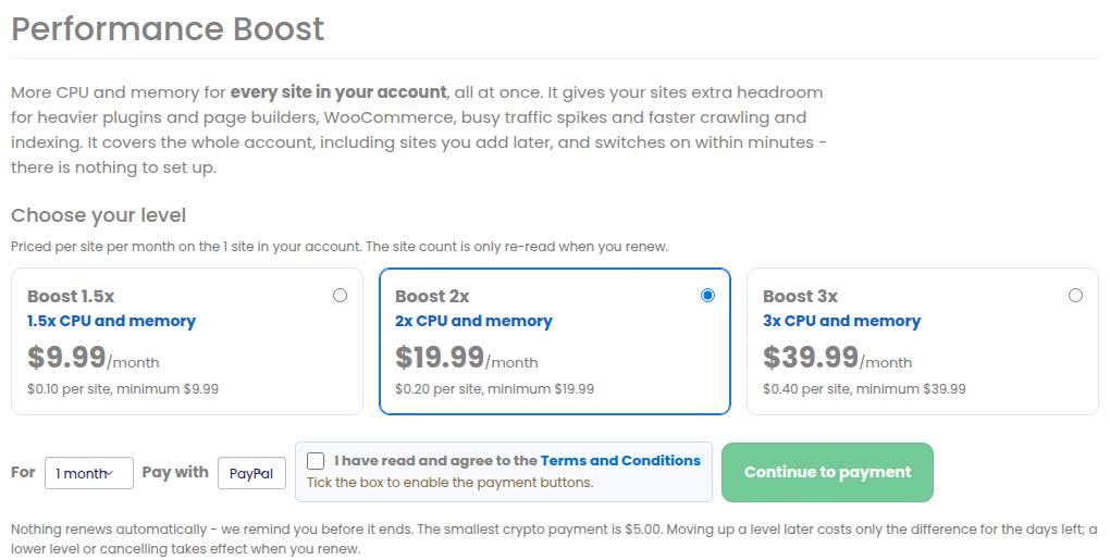 The Performance Boost page with the three levels and their prices