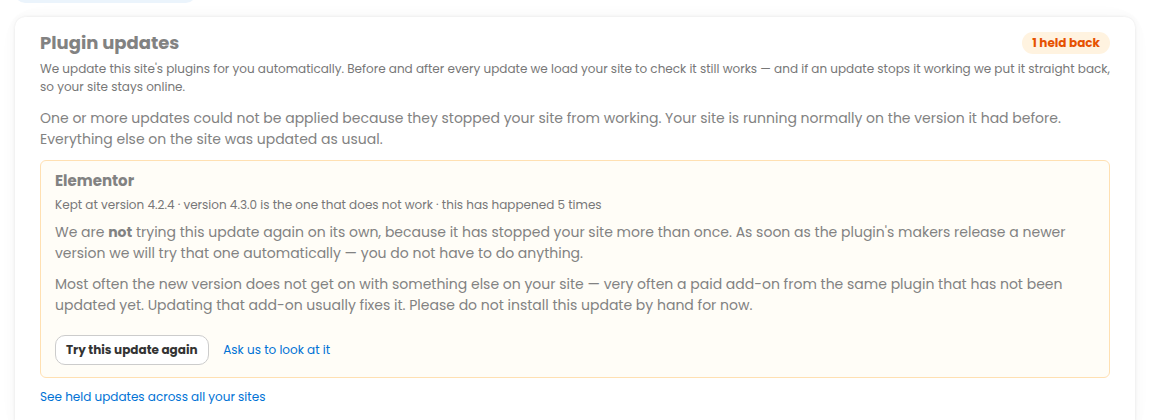 The Plugin updates tab of a site, showing which plugin was held back, the version it was kept on, why, and the Try this update again button
