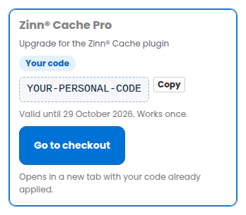 A Pro plugin card showing a personal discount code and the Go to checkout button
